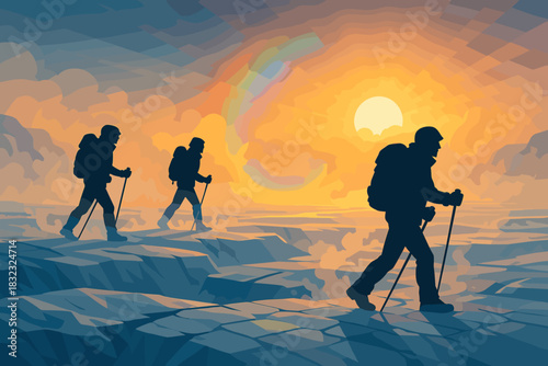 Sunrise Glacier Hike with Rainbow – Adventure Landscape Illustration