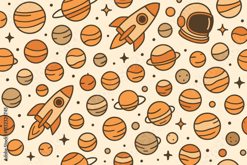 Seamless Space Pattern with Planets, Rockets, and Astronaut Helmet