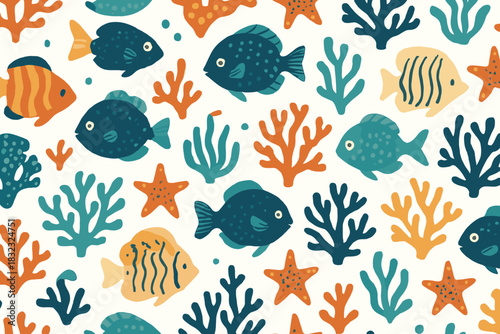 Colorful Underwater Pattern with Fish, Coral, and Starfish
