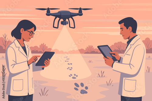 Researchers tracking animal footprints with drone surveillance at sunset