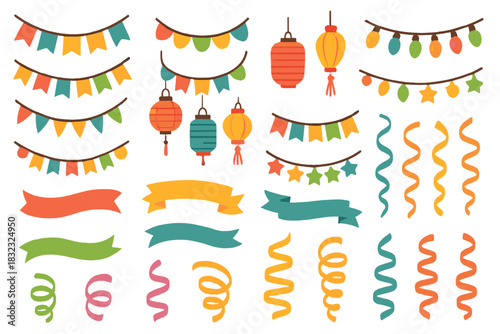 Colorful party decorations set with lanterns, banners, and streamers