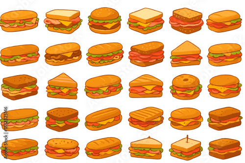 Cartoon sandwich and burger icons set on orange background