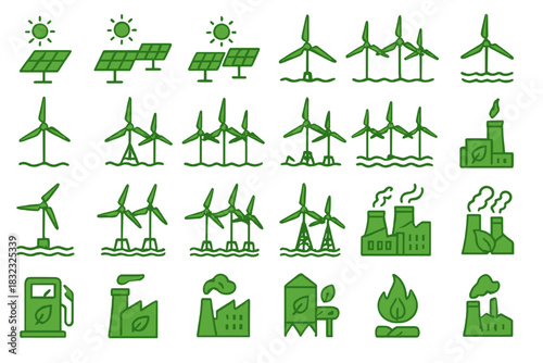 Green Energy & Renewable Power Icons: Solar, Wind Turbines, Eco-Friendly Factories & Fuel