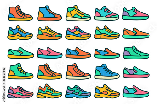 Colorful sneaker and shoe icon set on gradient background