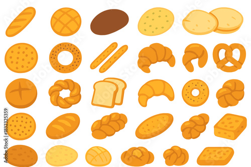 Seamless pattern of assorted bread and baked goods on golden background