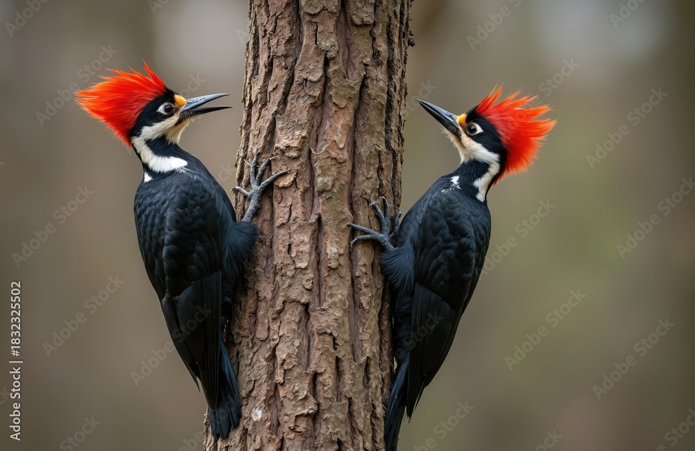 Obraz premium Two pileated woodpeckers perched on tree trunk. Birds with vibrant red crests show striking contrast. Wildlife photo shows in natural habitat. Detail shot of animal life. Forest scenery with birds.