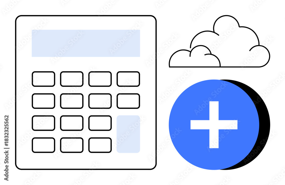 Fototapeta premium Digital calculations. Calculator icon with a cloud and blue plus sign online tools, data storage, and digital finance. Used for business, finance, cloud tools, education, and technology concepts