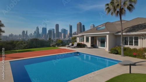  Luxury home with pool, tennis court and city skyline view