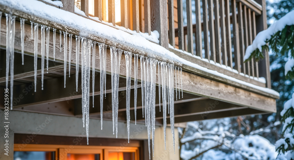 Obraz premium Icicles hanging under balcony with snow and cozy winter lighting