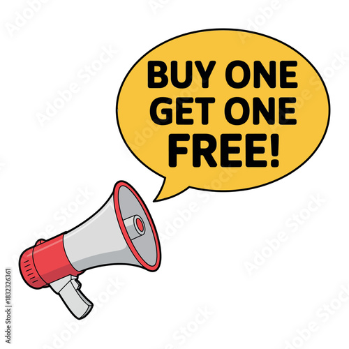 A megaphone announces a "Buy One Get One Free!" promotion, highlighting a sale.