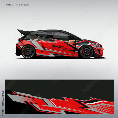 Sporty racing Car wrap livery design. vector file, printable file below.
