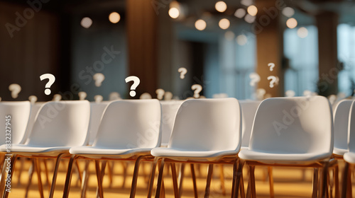 modern conference or seminar room with rows of empty white chairs, each marked with a floating question mark symbolizing anticipation, curiosity, or absence of attendees