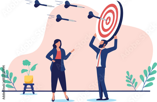 Business bullseye - Businesspeople with dartboard hitting accurate bullseye perfectly. Success and achievement in career and work concept in flat design vector illustration with white background.