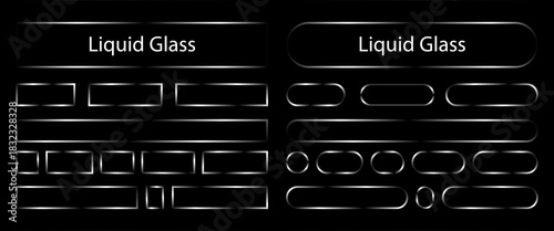 Glassmorphism & Liquid Glass Vector UI Elements Buttons, Frames, and Outlines for Modern WebApp Design (SilverBlack Background)