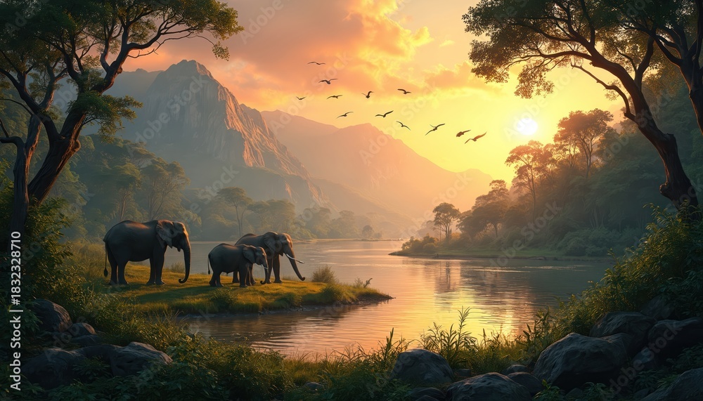 Obraz premium Elephant family stands by calm river. Baby elephants with adults on green grass. Mountains, trees surround water. Birds fly under orange sky during beautiful sunset. African savanna wildlife scene at
