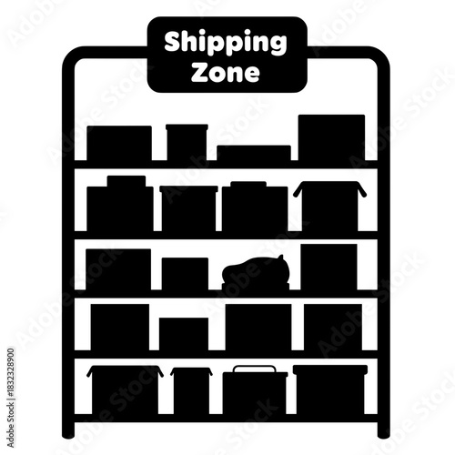 Shipping zone shelf with packages, logistics and warehouse storage in distribution context