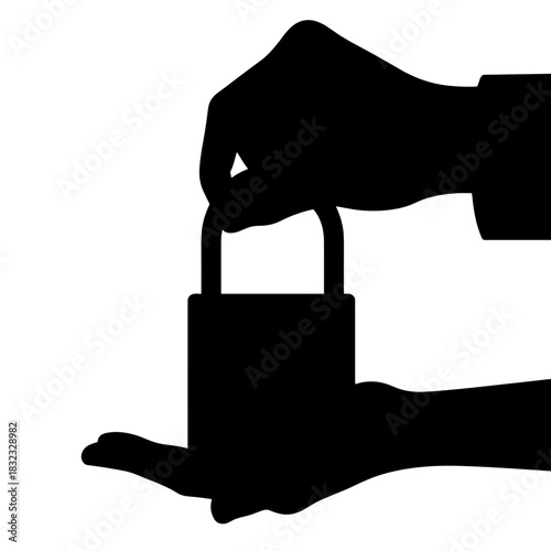 Silhouette of hands holding padlock, security and protection in digital context