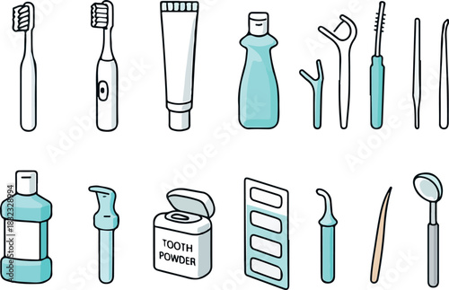 large set of icons of various dental care products in bright colors in vector style, for social networks, thematic printing and other designs