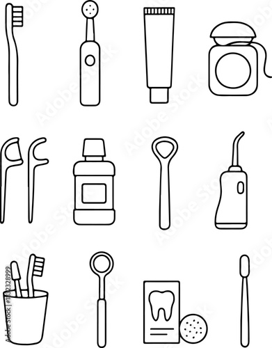 large set of icons of various dental care products in line art style, for social networks, thematic printing and other designs