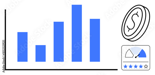 Financial analysis. Financial growth highlighted with a bar chart, coin icon, and performance rating graphic. Financial progress and data for business, economy, and investment monitoring. Suitable