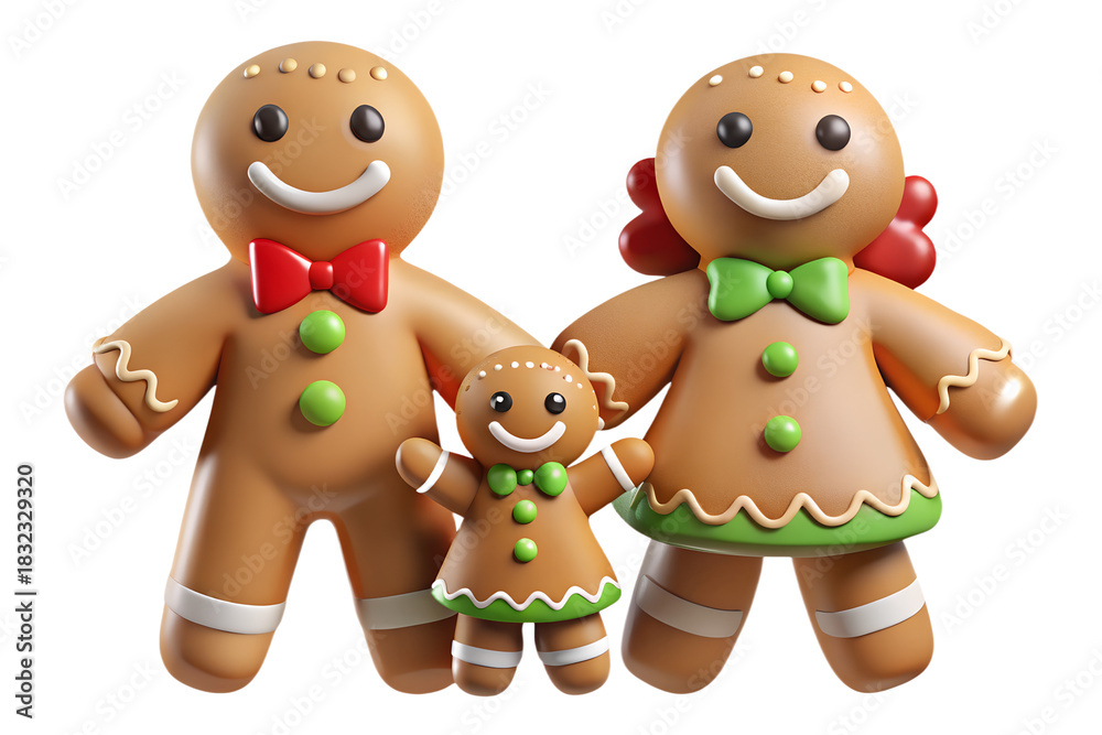 Fototapeta premium A gingerbread family of three with a father mother and child all smiling on a transparent background