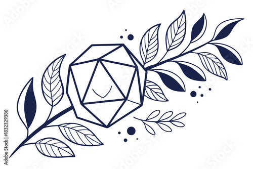 Minimalist line art illustration of a twentysided die, d20, with a subtle smiling face etched on one facet, surrounded by decorative botanical leaves and small dots