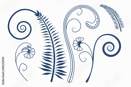 Collection of stylized dark blue fern frond and floral swirl vector elements, perfect for decorative design accents
