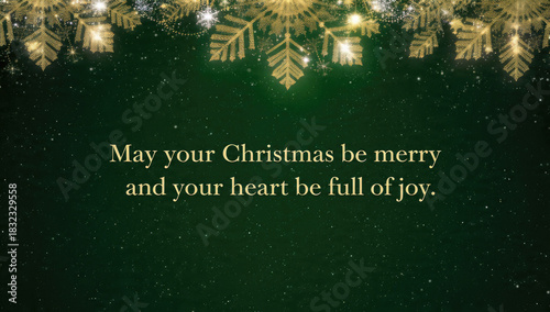 Festive dark green background with shimmering golden snowflakes and falling snow. It offers a warm Christmas greeting for joy.