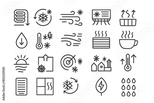 Set of icons representing weather elements and indoor climate controls with seasonal changes in focus