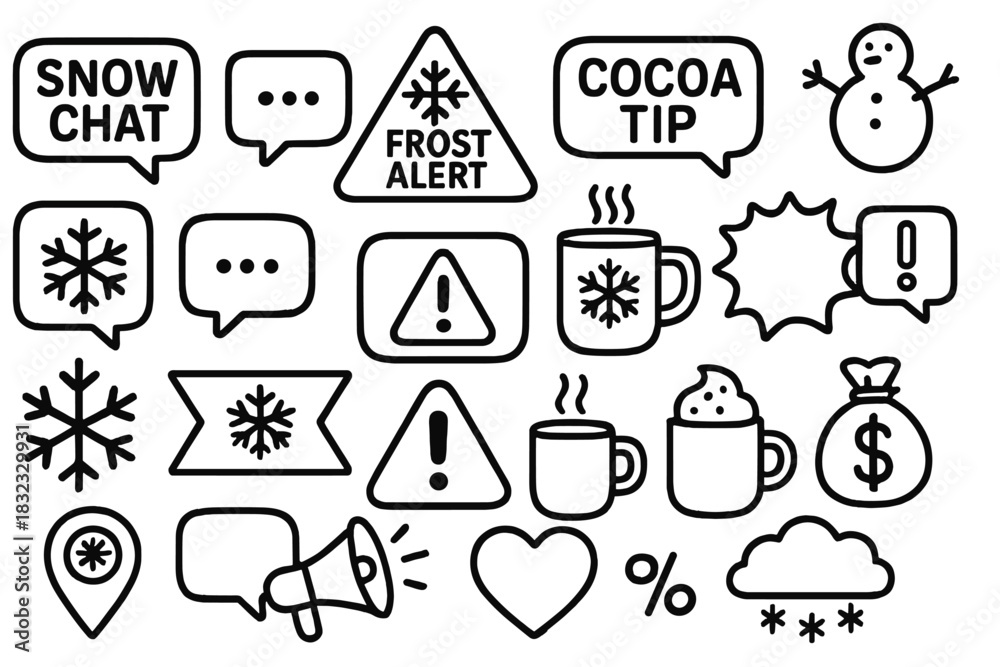 Fototapeta premium Winter weather and holiday icon set with alerts, snowflakes, and hot cocoa