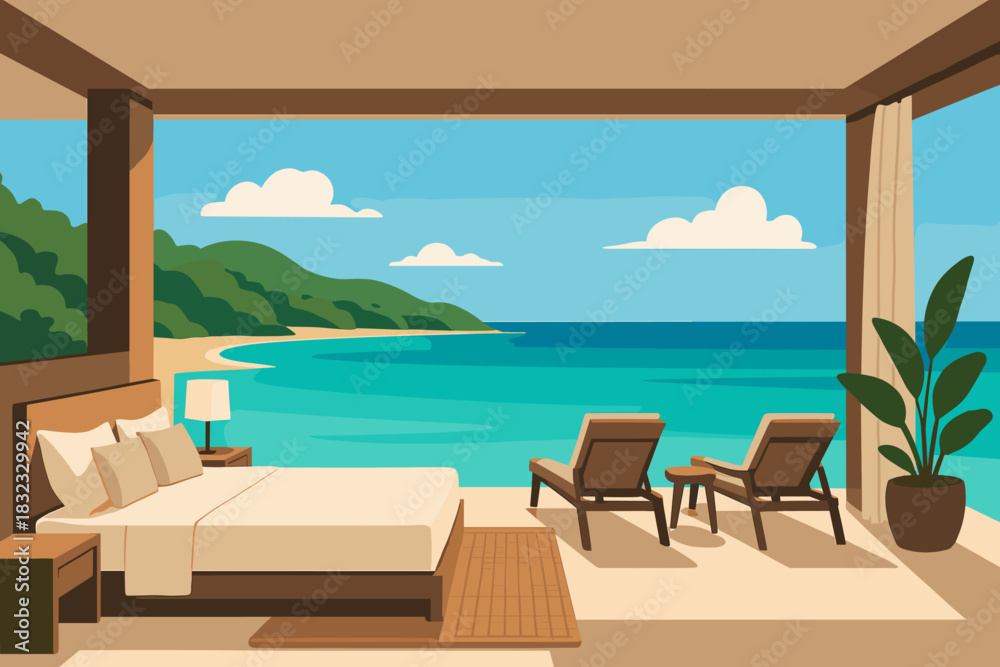 Naklejka premium Luxury Beachfront Villa Bedroom with Ocean View