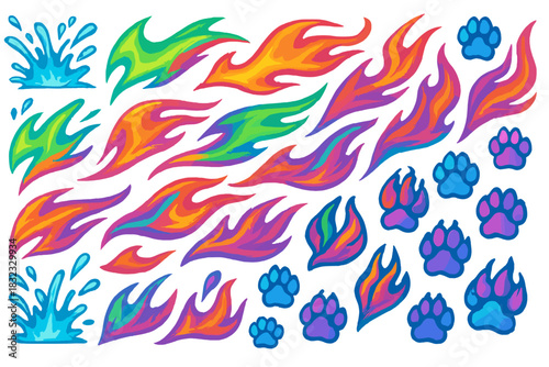 Vibrant Elemental Icons Featuring Fire, Water, and Animal Paw Prints