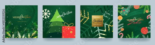 A set of Christmas and New Year cards. Illustrations for backgrounds, greeting cards, party invitations, banners, and social media. Strokes, Christmas balls, trees, and snowflakes