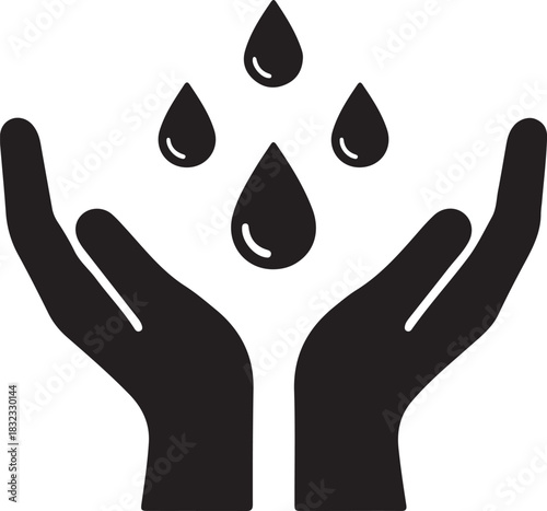 Hands cupping water droplets icon, symbolizing conservation, charity, care, cleanliness, and environmental protection