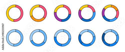 Colorful segmented donut cycle diagrams in various configurations for presentation and infographic design. Clipart image isolated on background.