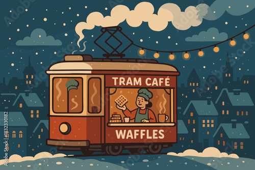 Cozy winter tram café serving waffles on a snowy night in the city
