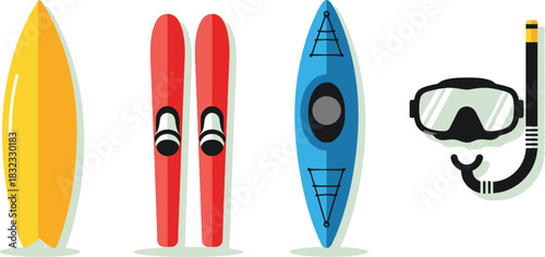 Flat Summer Sports Icons Surfboard Water Skis Kayak Snorkel Mask