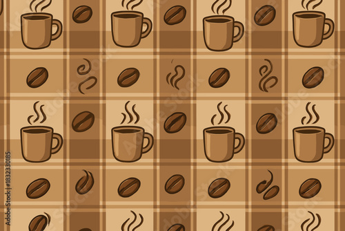 Seamless coffee-themed plaid pattern with cups and beans