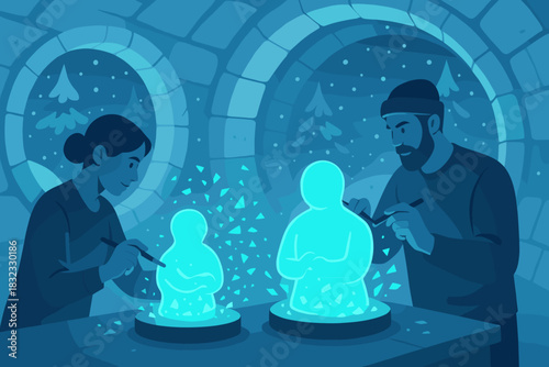 Couple sculpting glowing ice figures inside an igloo on a snowy night