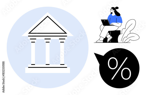 Banking concept. Banking with a bank building icon, interest percentage symbol, and a woman working on financial tasks. Banking simplifies financial management, technology, and investment