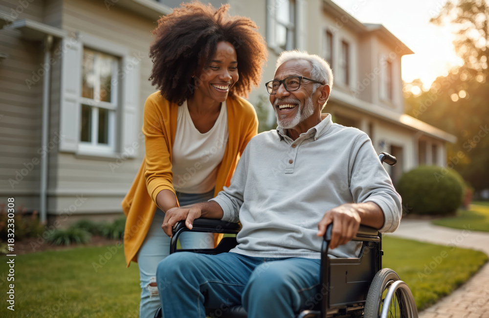 Fototapeta premium Happy black woman pushes senior father in wheelchair on suburban street. Woman smiles as helps elderly man. Outdoors in front of house with green lawn. Man wears glasses, casual clothes. Woman wears