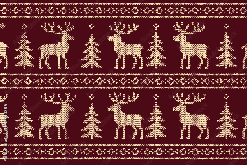 custom made wallpaper toronto digitalPattern featuring reindeer and Christmas trees in traditional knit design on a rich maroon background