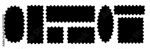 A set of black decorative tags and labels with scallop jagged, wavy edges. Vector frames of irregular shapes, coupons, stamp frames, empty text boxes, retro badges, stickers 