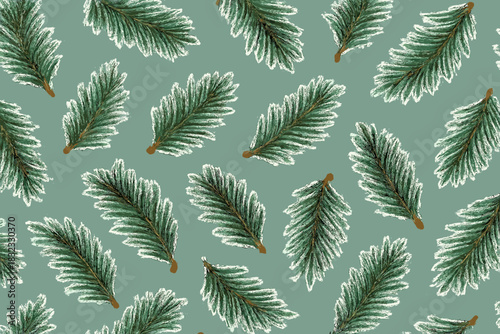 Green leaves pattern on light teal background showcasing a fresh and natural design, perfect for seasonal decorations and textiles