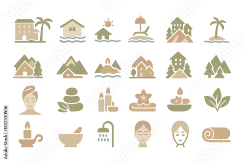 Various icons representing relaxation, nature, and wellness activities in a serene environment