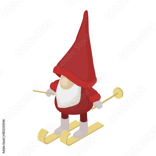 Christmas gnome skiing - hand drawn isometric vector illustration.