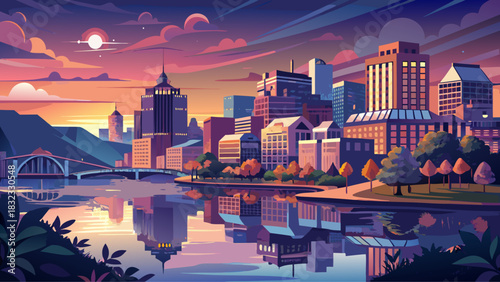 Very beautiful dusk skyline of Chattanooga with glowing buildings, calm river reflections, soft pastel sky, and a tranquil evening atmosphere across the cityscape.