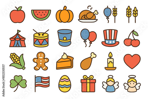 Colorful collection of festive symbols including fruits, balloons, and seasonal items suitable for various celebrations