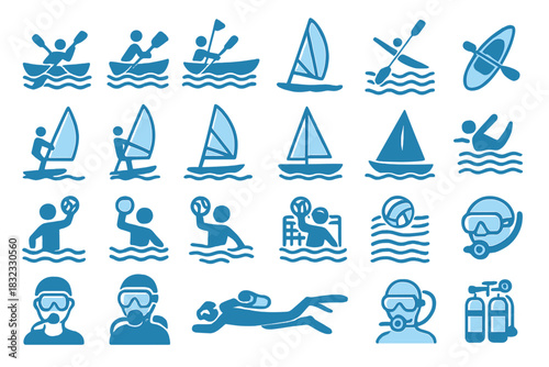 Various water sports activities depicted in simple blue icons showing kayaking, windsurfing, sailing, and scuba diving fun at the beach