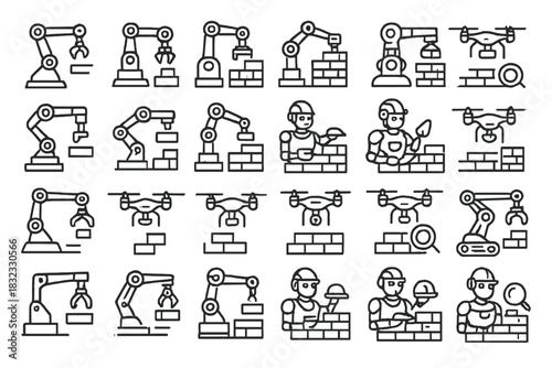 Icons of modern industrial machines and workers engaged in construction tasks in a factory setting